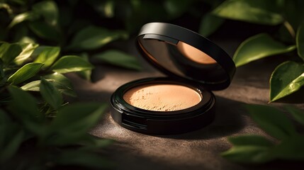 Compact cosmetic product rests open amidst deep green foliage and soft natural light