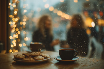 Friends enjoy cozy moments at a modern cafe with cocoa and cookies during a rainy day