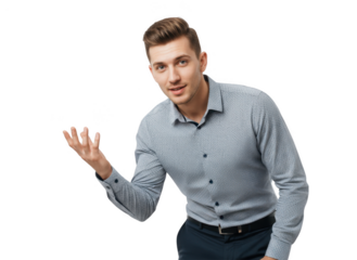 Young businessman gesturing and presenting something while looking at the camera, isolated on transparent background