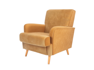 Mustard Yellow Velvet Armchair with Wooden Legs furniture seating isolated on a transparent background