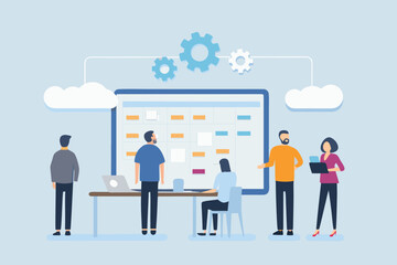 Diverse team collaborating on a project timeline and strategy using a large digital board and cloud technology
