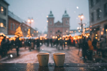 Friends enjoy warm drinks in a lively town square during a festive Christmas market with snowflakes falling in the air