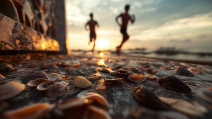 Friends run along a decorated terrace in a coastal town at sunset with sand and shells scattered around