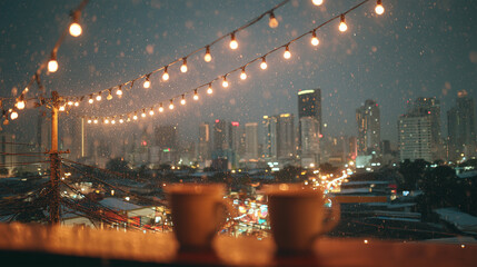 Friends enjoy laughter and warmth on a city rooftop with string lights while artificial snow falls at night