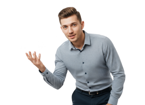 Young businessman gesturing and presenting something while looking at the camera, isolated on transparent background