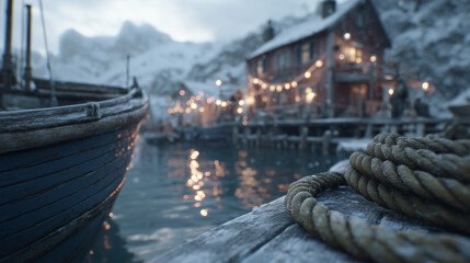 Coastal village scene with snow-covered boats and a fisherman placing a lantern on the dock at dusk by the water
