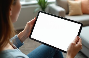 Woman holds digital tablet with blank screen in cozy living room setting. She uses portable device for communication or work. Modern lifestyle featuring technology and relaxation at home.