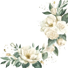 Elegant arrangement of creamy white blossoms and deep green foliage forms a delicate corner border on white