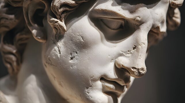 Close up on the weathered face of a classical marble sculpture showing detailed texture - Powered by Adobe