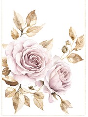 Watercolor illustration features soft pink roses surrounded by sepia toned foliage against a pure white background