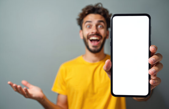 Excited man shows empty smartphone screen for ad space or app promotion. He gestures with open hand presenting device, happy expression. Communication technology background template.