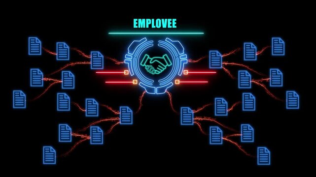 Business employee strategy flowchart icons glowing neon blue on black background concept