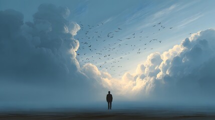 Solitary figure stands on barren ground beneath a dramatic sky filled with swirling clouds and flying birds