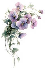 Delicate watercolor illustration showcases a cluster of light purple blossoms with trailing green foliage against a white background.