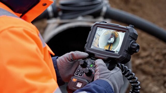 Industrial Pipe Inspection Technician Using Advanced Camera Equipment to Analyze Underground Pipeline Condition in Professional Engineering Environment