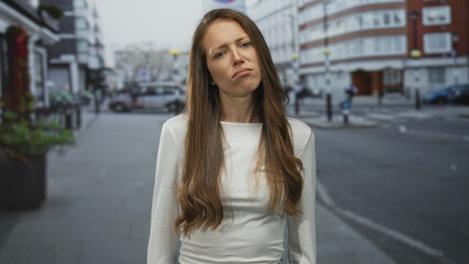 Woman with long brown hair wearing a white top, pouting and rolling eyes on a city street with...