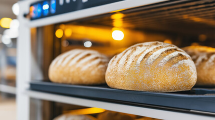 Fresh traditional sourdough bread baking in a professional light commercial bakery oven, producing artisan loaves