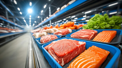 Fresh meat and salmon fillets displayed in blue trays along industrial cold storage aisle, retail food supply chain
