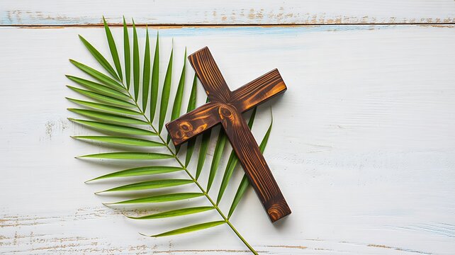 Wooden christian cross with green palm leaf on white wooden background symbolizing faith and easter celebration  
