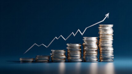 Stacks of metallic currency rise steadily while an upward trending silver line graph overlays them against a deep blue background