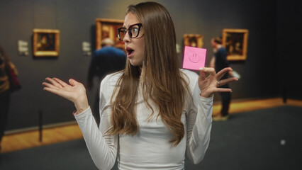 Woman holding a pink sticky note with a smiley and shrugging with open mouth in art gallery while...