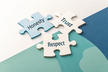 Three interconnected puzzle pieces representing the core values of honesty trust and respect forming a strong foundation for relationships