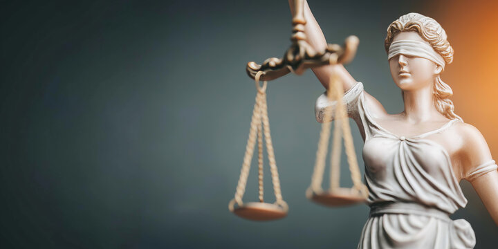 Lady Justice statue with scale of justice representing law, legal system, and fairness on a dark background