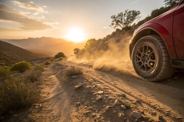 Red off road vehicle kicking up dust on a scenic mountain trail during a golden sunset adventure