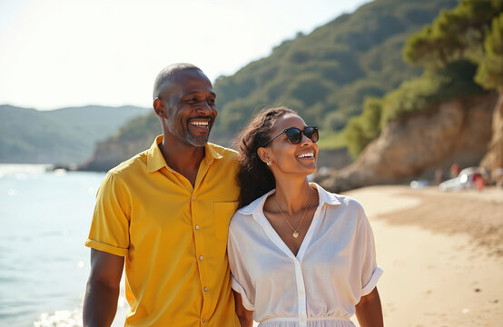 Happy middle aged african american couple walks on sandy beach. They smile looking at ocean view. Couple enjoys vacation time together, relaxed lifestyle outdoor. - Powered by Adobe