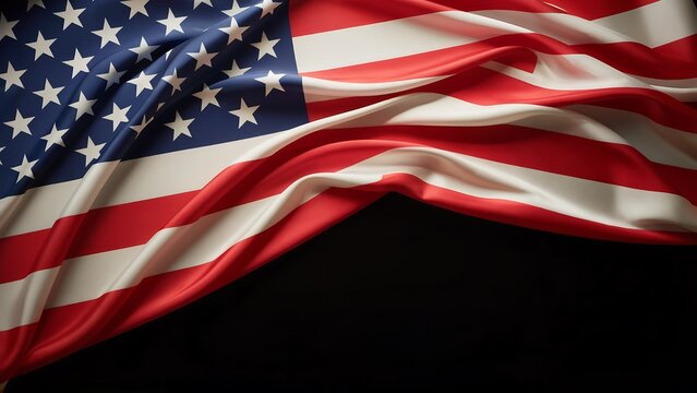 A Close-Up Image of the United States of America Flag Draped and Waving with Rich, Silky Texture against a Solid Black Background, Creating a Dramatic and Patriotic Contrast