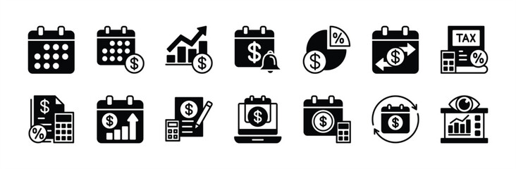 Tax day icon vector set. Contains fiscal year calendar, statement, calculate tax, reminder, deadline, percentage invoice, growth income, rate, financial accounting report, audit, debt. Illustration