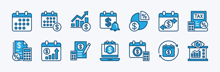 Set of tax day icon. Contains fiscal year calendar, calculate tax, statement, reminder, deadline, percentage invoice, growth income, rate, financial accounting report, audit, debt. Vector illustration