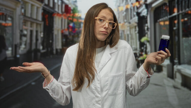Woman scientist in lab coat holds blue bottle while shrugging on a street; health choice uncertainty.