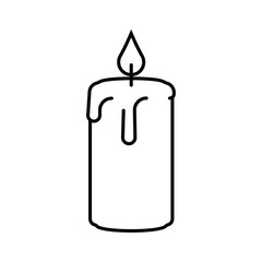 A line drawing of a candle with a flame atop partially melted wax dripping down its sides