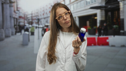 Fototapeta premium Scientist woman in lab coat holding blue pill bottle, reading small label while standing on a busy street in the city; uncertainty.