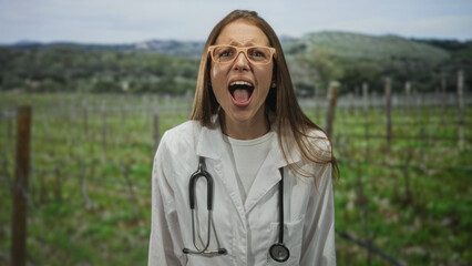 Fototapeta premium Woman doctor in white coat wearing stethoscope and glasses, mouth wide open shouting in vineyard field outdoors; alarm.