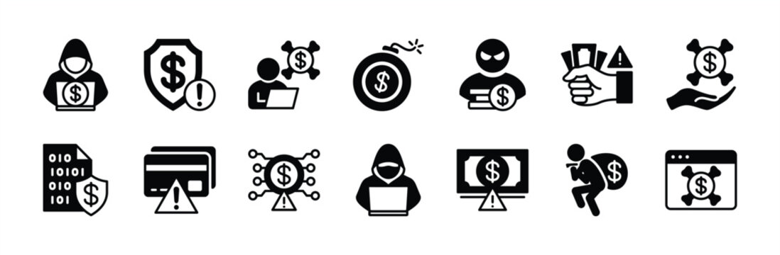 Fraud icon vector set. Contains hacking, digital data phishing, money thief, scam, cyberspace risk, financial security alert, warning notification, crime, theft, cyber protection. Illustration