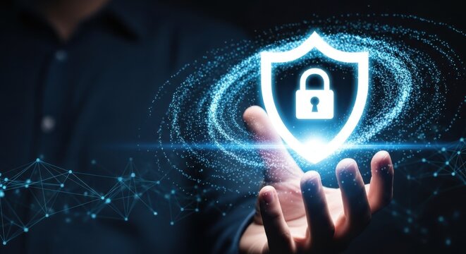 Cyber Protection Shield: Hand Holding Glowing Shield Icon with Padlock and Particle Effect for Network Security and Digital Defense