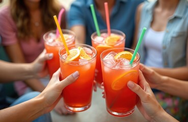 Group of young friends cheers with bright orange cocktails outdoors. People holding glasses with ice and fruit slices, enjoying drinks at a party. Fun summer gathering with refreshing beverages.