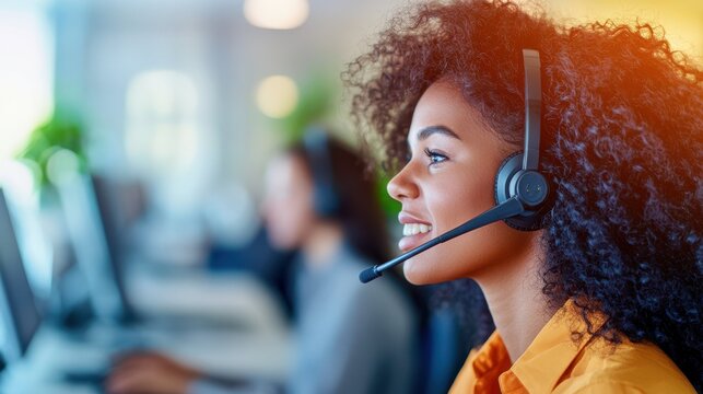 The Voice of Service: A professional woman with a headset, poised and attentive, provides exceptional customer service, illuminated by a warm glow in a dynamic office setting.