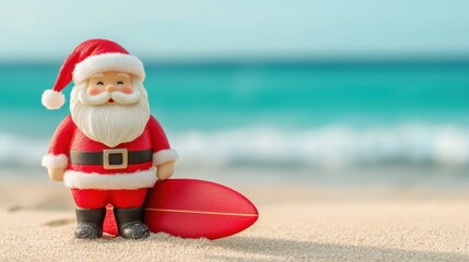 Obraz premium Santa Claus on Beach with Surfboard, Holiday Spirit in Summer, Festive Fun, Tropical Vibes, Relaxation by Ocean Waves, Cheerful Recreation