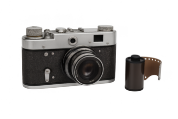 Vintage rangefinder camera with film roll on transparent background