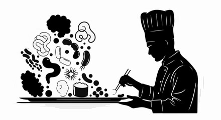 Chef creating culinary art with diverse ingredients on a platter