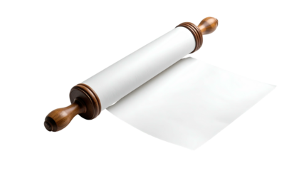 A wooden rolling pin rests on a white sheet against a stark black background