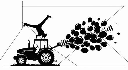 Energetic acrobat performs a handstand on a tractor, launching a colorful burst of balloons and confetti.