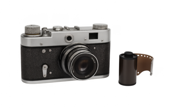 Vintage rangefinder camera with film roll on transparent background