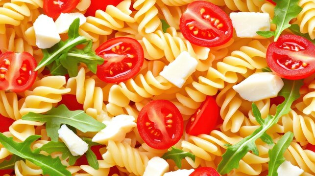Pasta Salad Extravaganza: An enticing overhead view of a pasta salad bursting with flavors, featuring twirled fusilli pasta, juicy tomato halves, creamy cheese cubes, and vibrant arugula leaves. - Powered by Adobe