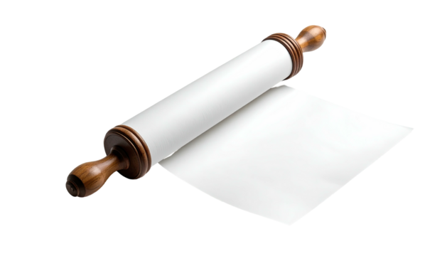 A wooden rolling pin rests on a white sheet against a stark black background - Powered by Adobe