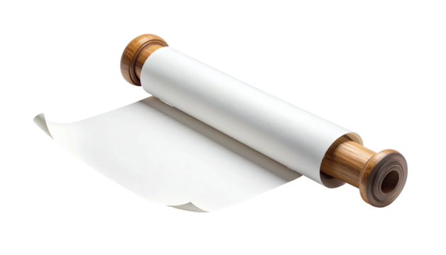 A rolled white scroll with wooden handles, partially unrolled, resting on a black background