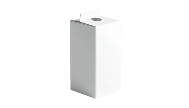 A tall, white, minimalist carton, designed for liquids, with a flip-up top, on black